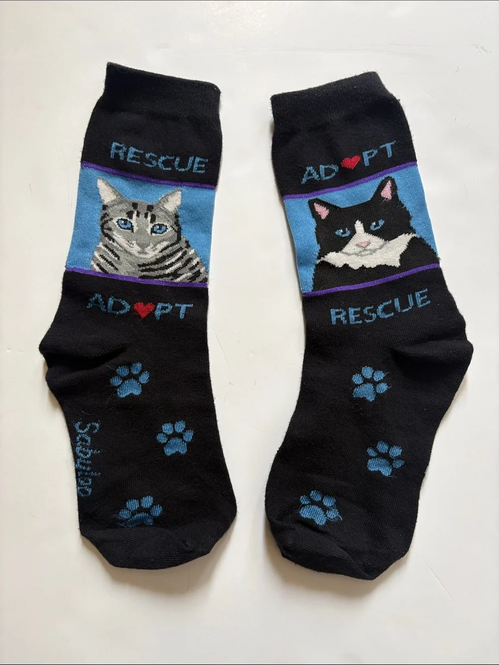 Rescue Adopt Cat Paw Print Socks - Black & Blue